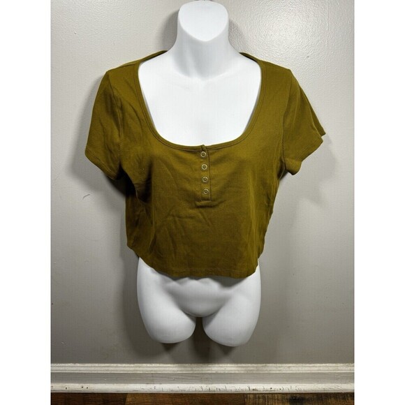 Madewell Green Ribbed Henley High Crop T Shirt Size L - Picture 1 of 7